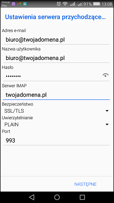 Bluemail konfiguracja konta IMAP