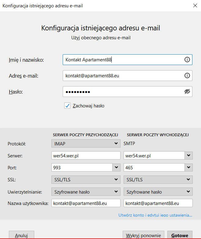 Konfiguracja istniejącego adresu email